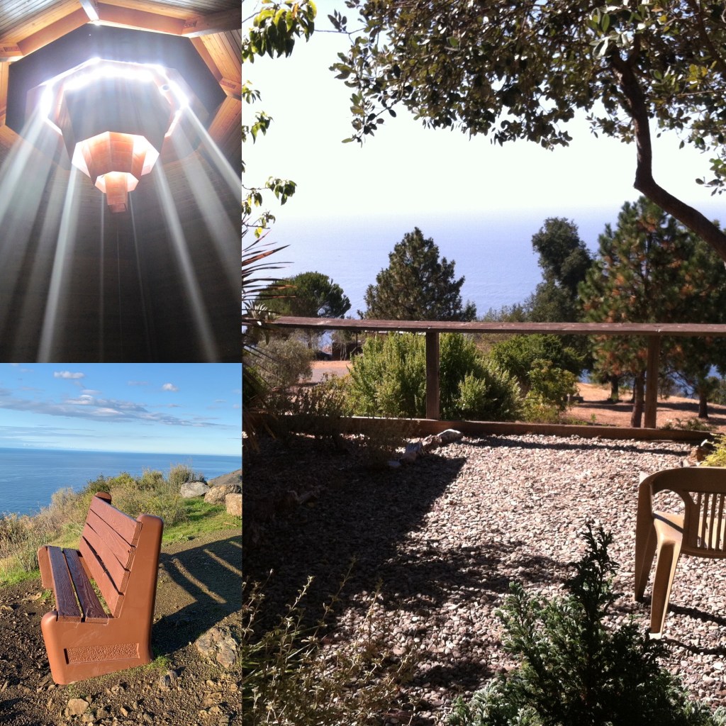 A collage of sunbeams streaming into the sanctuary at New Camaldoli, a bench on  a cliff overlooking the ocean, and a garden