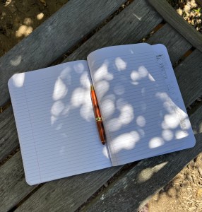 open notebook lying on a bench in dappled light