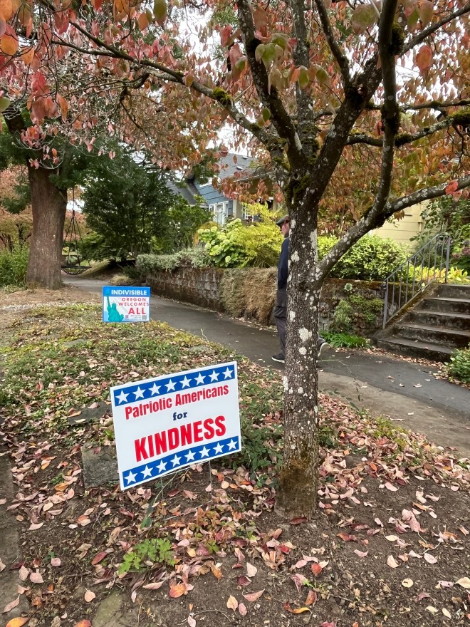 Red, white, and blue sign that says Patriotic Americans for Kindness